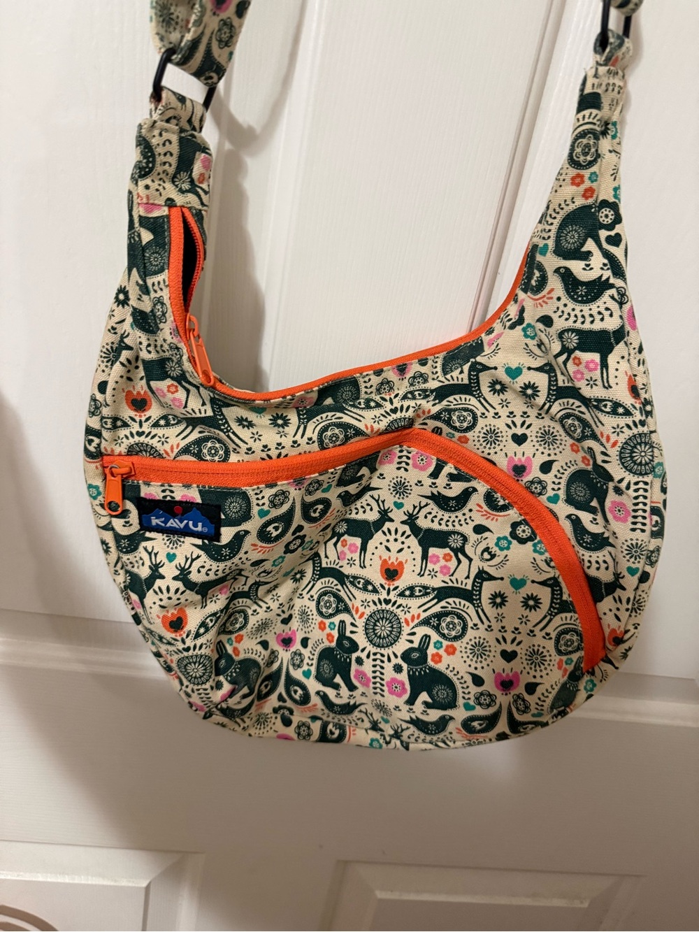 Kavu Cream Printed Shoulder Bag with Orange Trim